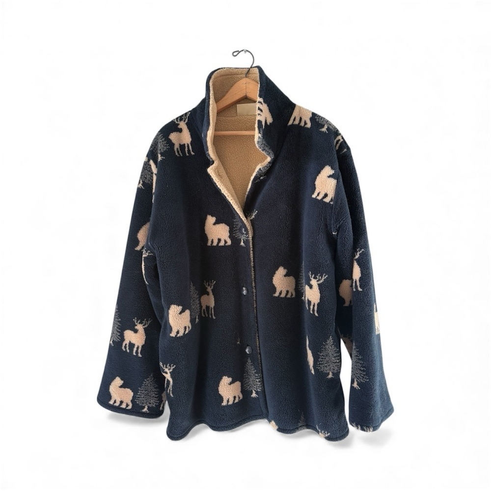 Vintage St. John’s Bay Sherpa Lined Fleece Jacket Navy Wildlife Print 1X